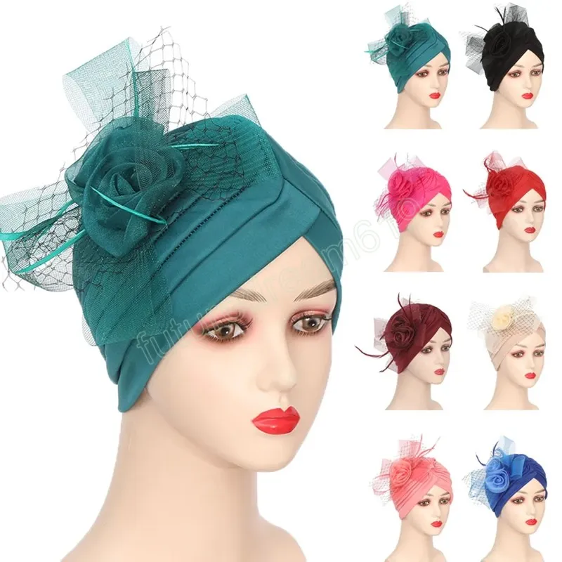 African Headties Women Wedding Party Flower Feather Caps Ready To Wear Turban Muslim Hijab Female Headscarf Bonnet Hats