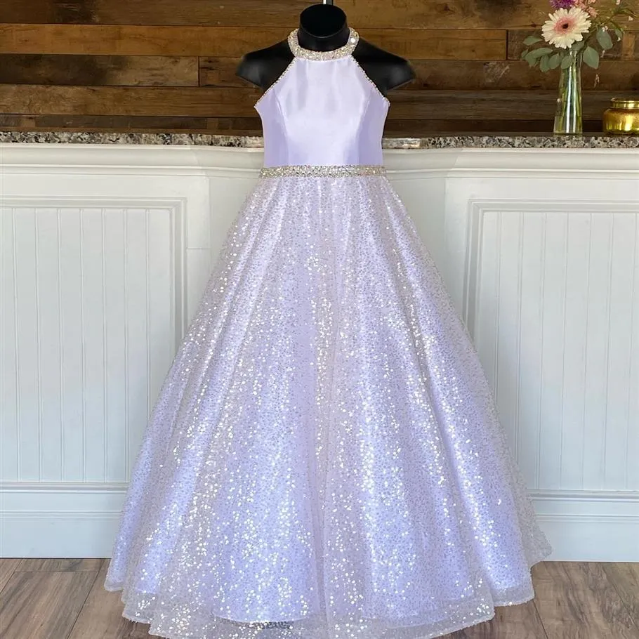 Little Miss Pageant Dress for Teens Juniors Toddlers 2021 Sequins White Long Kids Gown Formal Party Beading Halter Halsring Rosie 177Q