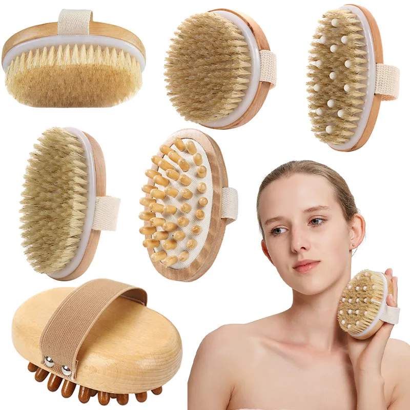 Wood Hand Body Soft Beads Bath Brush Scrubbers Exfoliating Brushes Dry Wet Bath Brush Massager Pig Sideburns Scrub brush