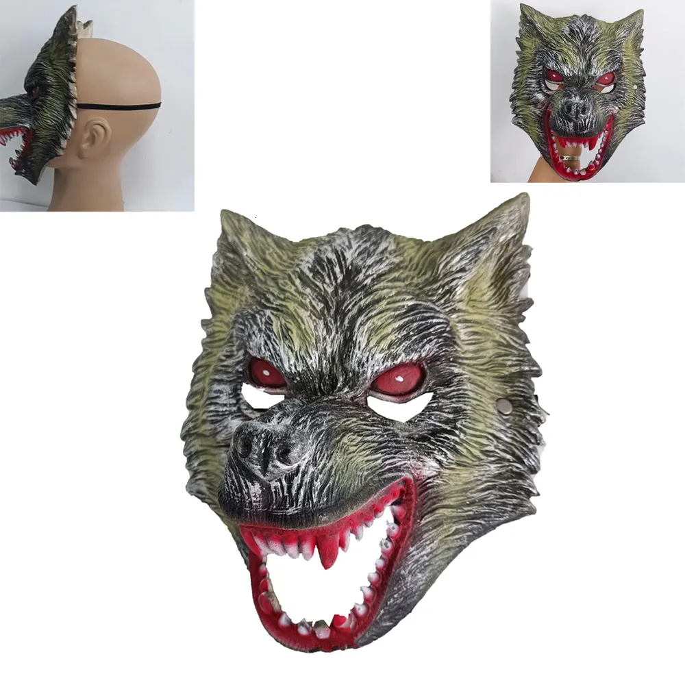 Máscaras de festa Cosplay Creepy Animal Wolf Head Open Bouth Red dentes e olhos horríveis Máscara de Halloween Scary Face Helmet Fantas