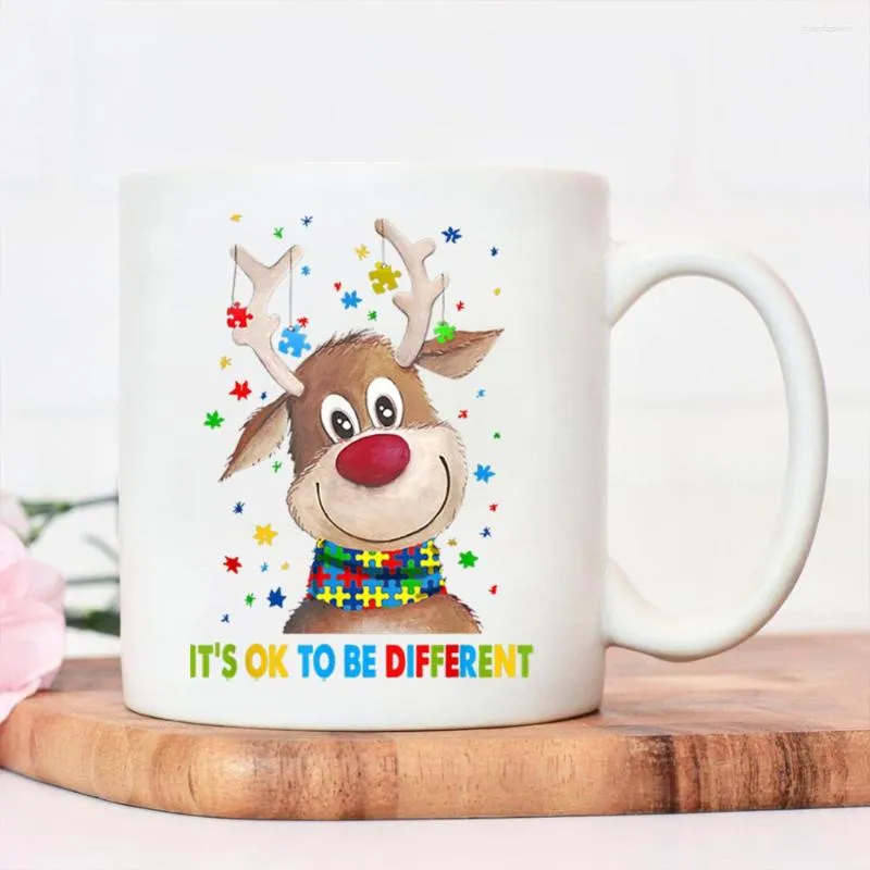 Mugs Christmas Elk Autism It's Ok To Be Different Coffee Mug High Quality Ceramic Recyclable Juice Cool Water Cup Tea Cups