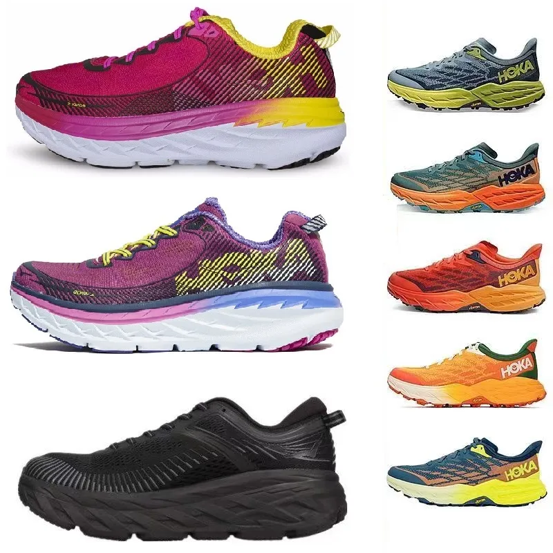 Hoka Mach 4 Bondi 5 7 Speed ​​Goat 5 Challenger Atr 6 런닝 슈즈 남성 트리플 흰색 청록색 복숭아 채찍 해안 하늘 변속 모래 검은 디자이너 신발 크기 40-45