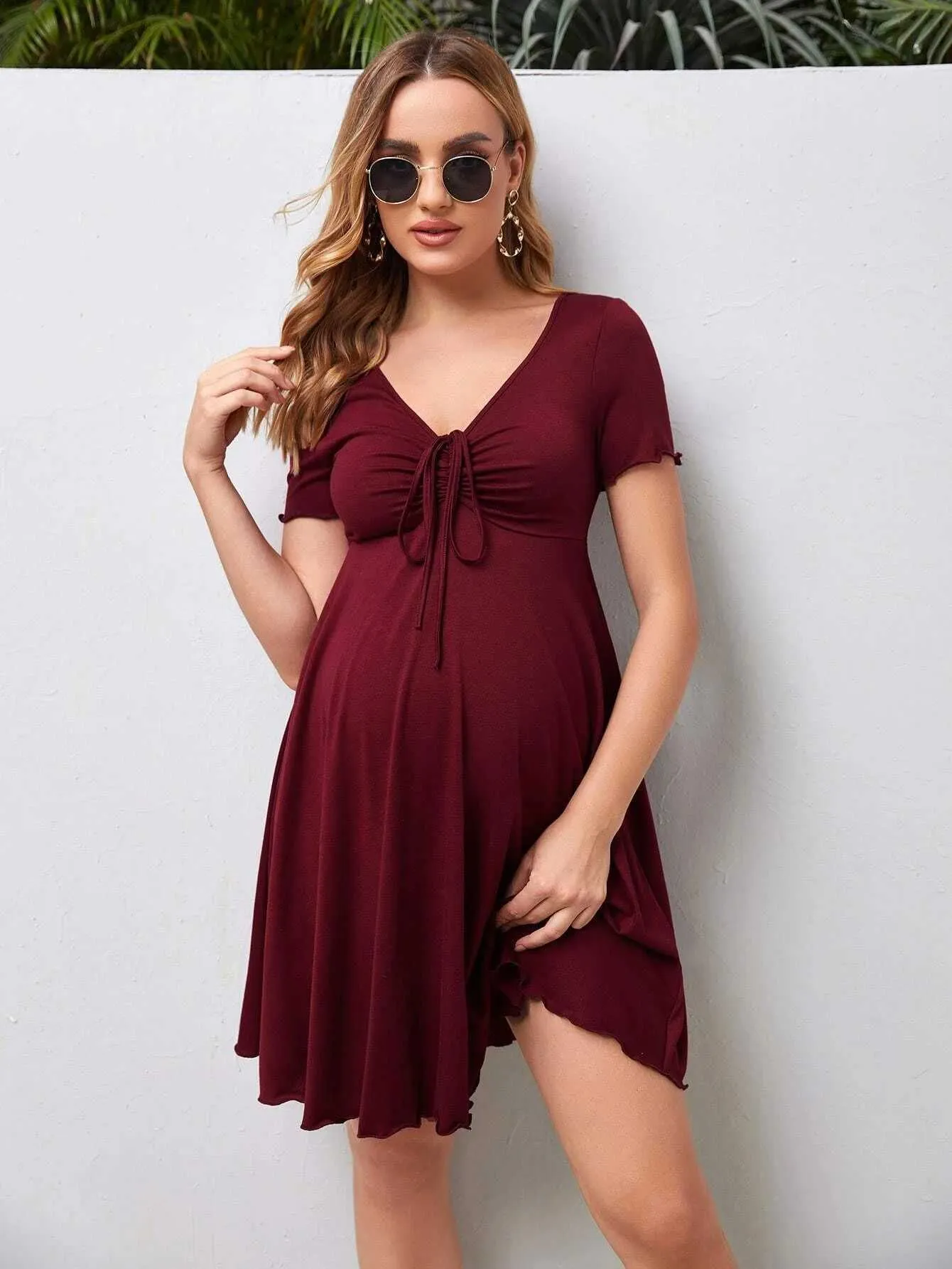 Maternity Dress: Summer Casual Short Sleeve V-Neck Drawstring Dress for  Pregnant Women, Pregnancy Clothing Vestidos