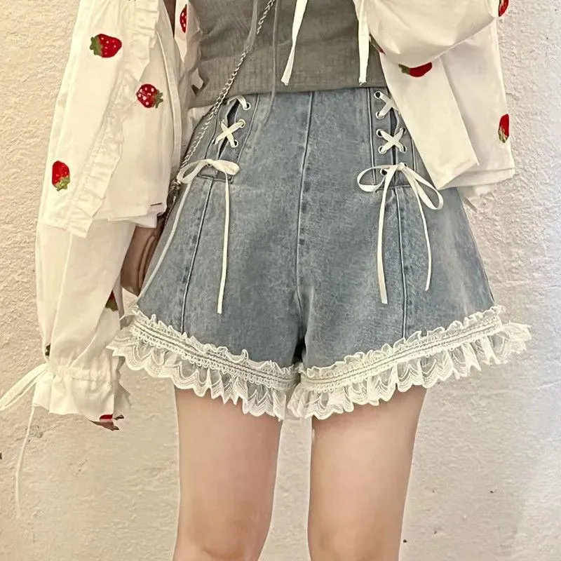 Women's Shorts Y2k 2000s High Waist Denim Girl Summer Plus Size Pocket Bandage Lace Sweet Jeans Short Female Femme Pants Women