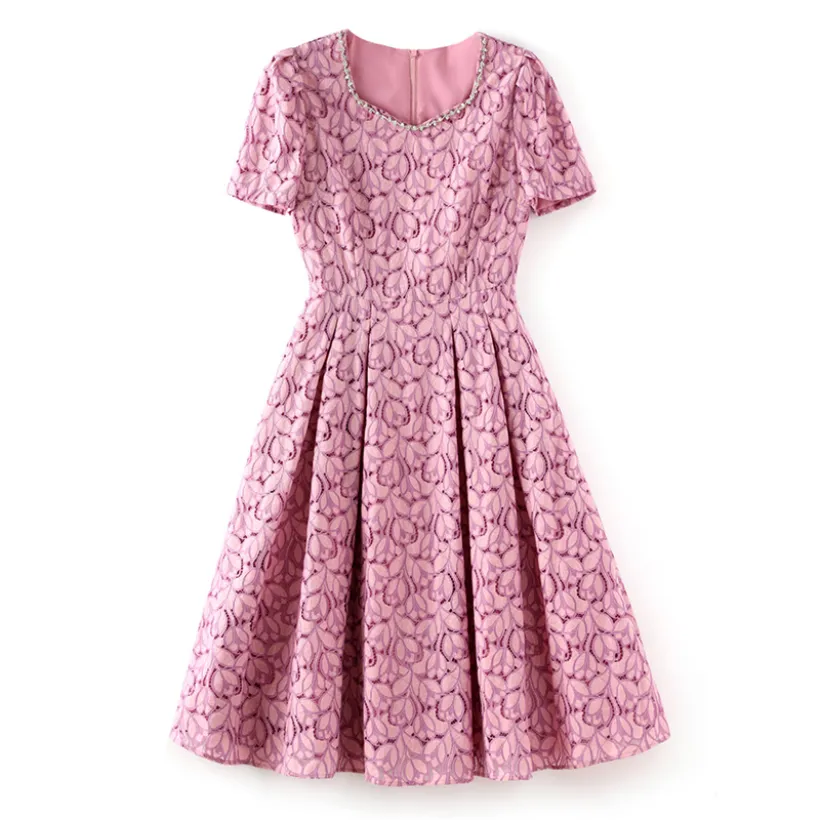 2023 Summer Purploral Print Lace Dress Kort ärm Runda halspanelpanelen MIDI Casual Dresses W3L042307