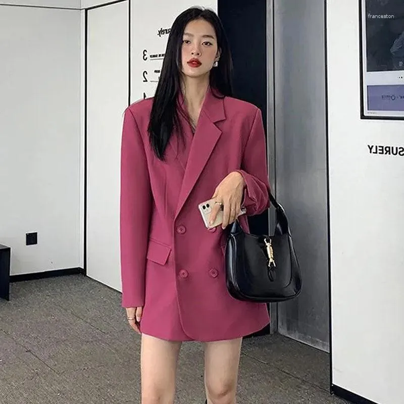 Campioni da donna Abito casual coreano Giacca da donna Rosa rosa nera sciolta a doppio petto da blachetta a maniche lunghe con guarni a doppio petto