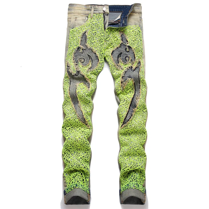 Męskie dżinsy Summer Street Green Spiderweb Hafted Dżinsy Modna Mid-Piston Casual Slim Pants Men 230812