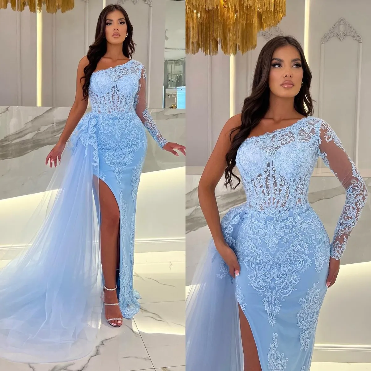 Sky Blue One Shoulder Mermaid Light Blue Occasion Dress With Sky Blue One Shoulder Mermaid Light Blue Occasion Dress With
