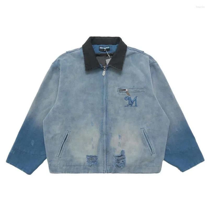 Herrenjacken übergroße lose Laple Denim Jacke Destressed Loch Kontrast Farbe Jeans Mantel Retro Canvas Werkzeug -Cargo -Männer