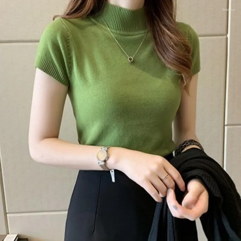 Kvinnors tröjor Summer Slim Turtleneck Blue Casual Sticked Women Tops Kläder Blusa Fashion Korean klädtröja beskuren topp