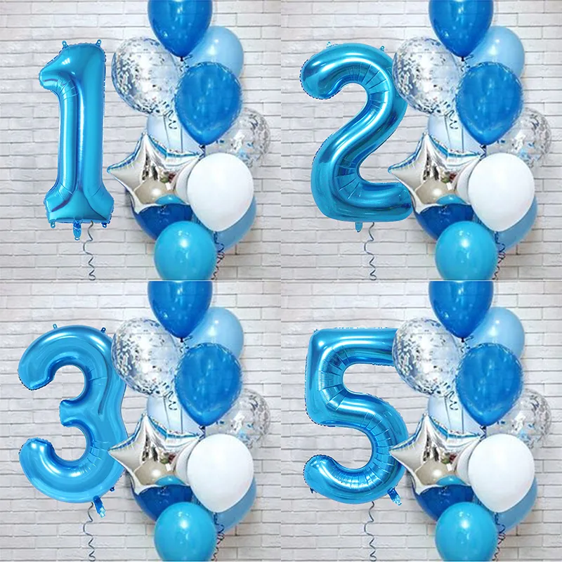 Globo de cumpleaños para niño de 2 años, decoraciones de cumpleaños azules  de 2 años, globos de cumpleaños número 2, globos de confeti de látex