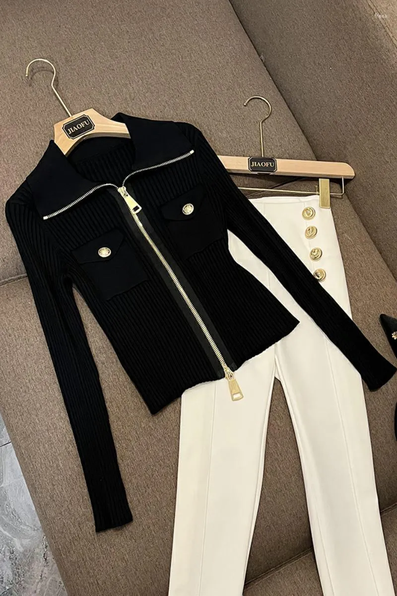 Women's Jackets The Latest 2023 Autumn High Quality Double Head Zipper Design Slim Lapel Ice Silk Knit Cardigan Small Coat