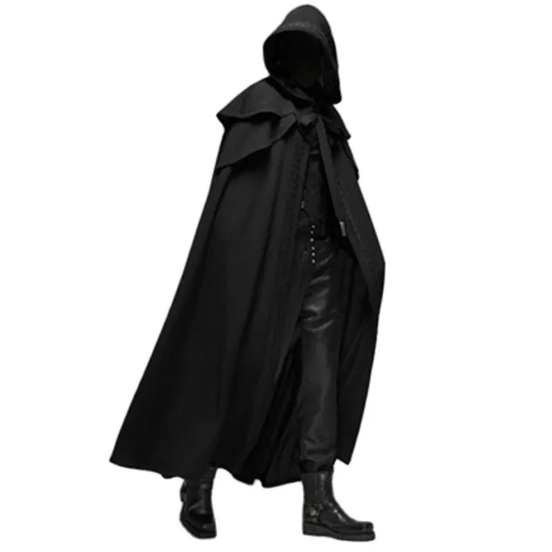 Trench de trincheira dos homens medieval vintage com capuz de casacos pretos soltos casacos pretos vala à prova de vento Chic Winter Cape Poncho Gothic Monk Halloween Cosplay 230812