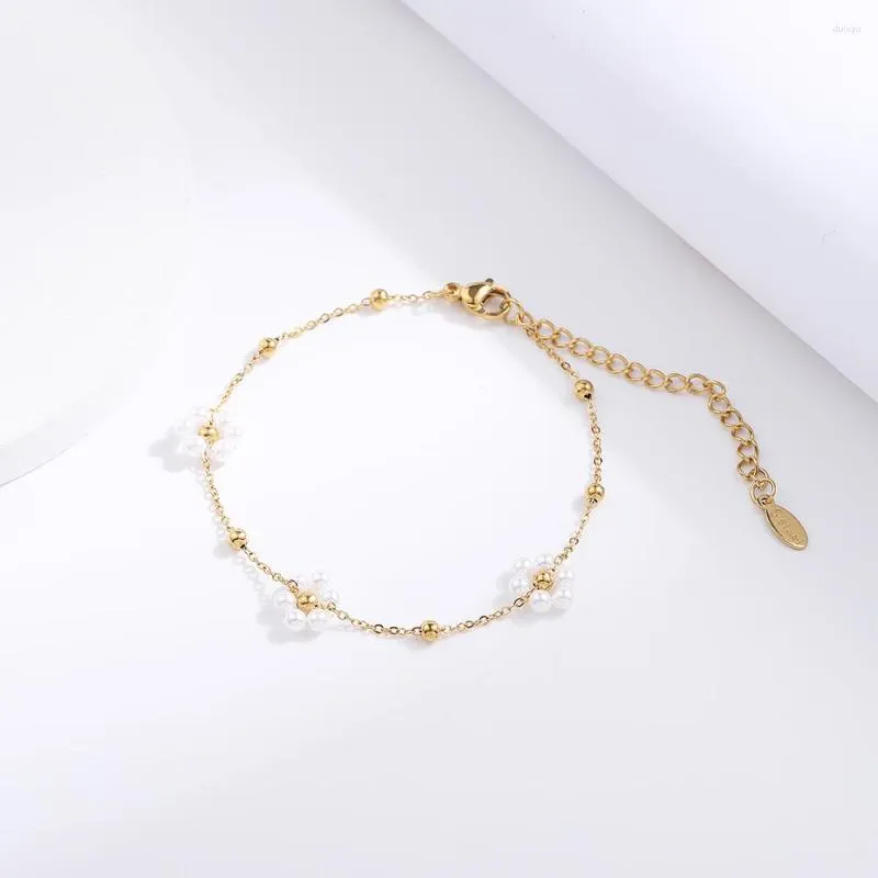 Bracelets de charme Luxo Bracelete de Flores de Pérolas Brancas para Pearlas para Mulheres Pedras de Aço Antelhado Goldado