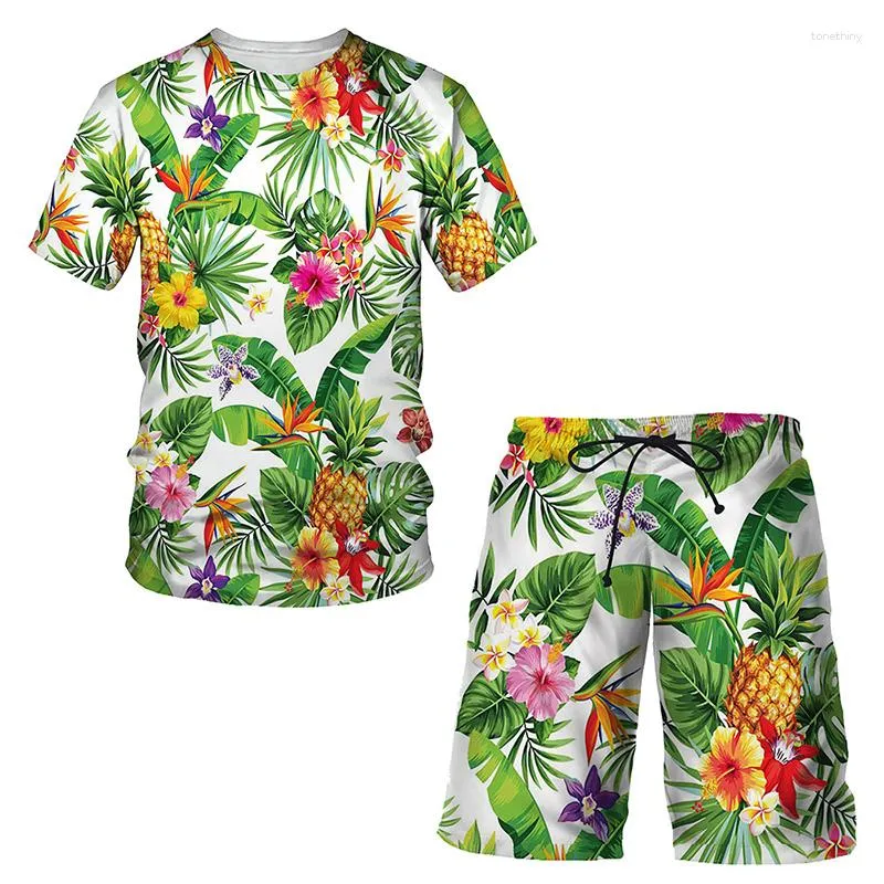 Herrspår Hawaiian Tracksuit Fruit Plant 3D Print T-shirt Shorts Set 2 Pieces Streetwear Overdized Sportswear Beach Duits kläder