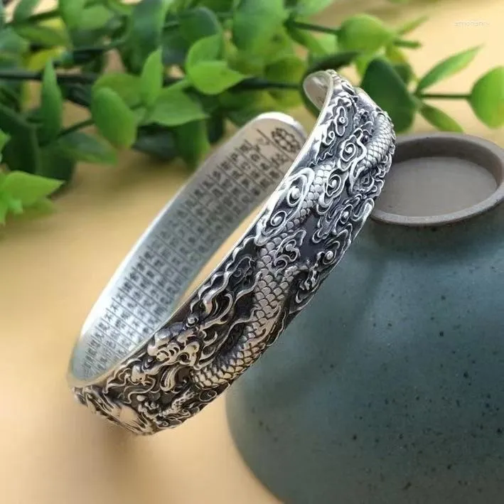 Bangle FoYuan Silver Color Dragon And Phoenix Male Female Ethnic Style Playing Ball Couple Bracelet