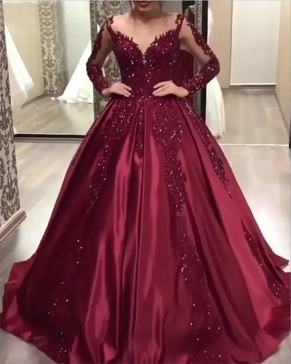 Women's exciting maroon evening gown with side slit skirt and royal  rhinestone bodice