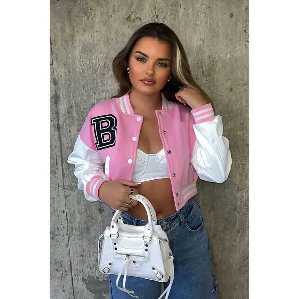 New Design Blank Pink Color on Custom Demand Fashion 2023 Women Crop Varsity Baseball Jackets for Sales