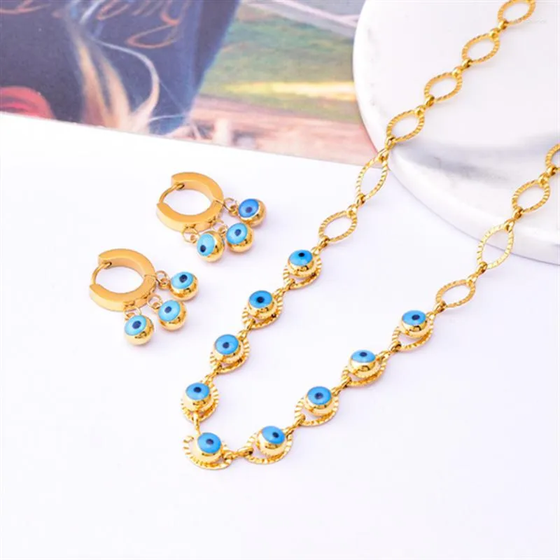 Colliers Boucles d'oreilles Set 316L en acier inoxydable Round Blue Eyes Pendant O Chaîne de personnage Colliers Bracelets Fashion High Jewelry Party Gift