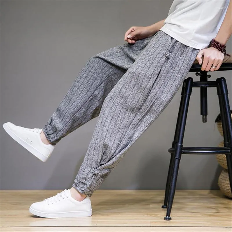 Men's Pants Stripe Men Summer Linen Hip Hop Streetwear Joggers Fashion Casual Ankle-length Male Harajuku Bottom