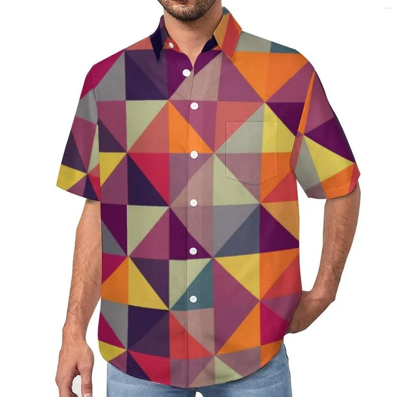 Chemises décontractées pour hommes Geo Print Shirt Colorful Triangle Vacation Loose Hawaii vintage Blouses CONCRIPTION DE COUPE CHEPING COPIR