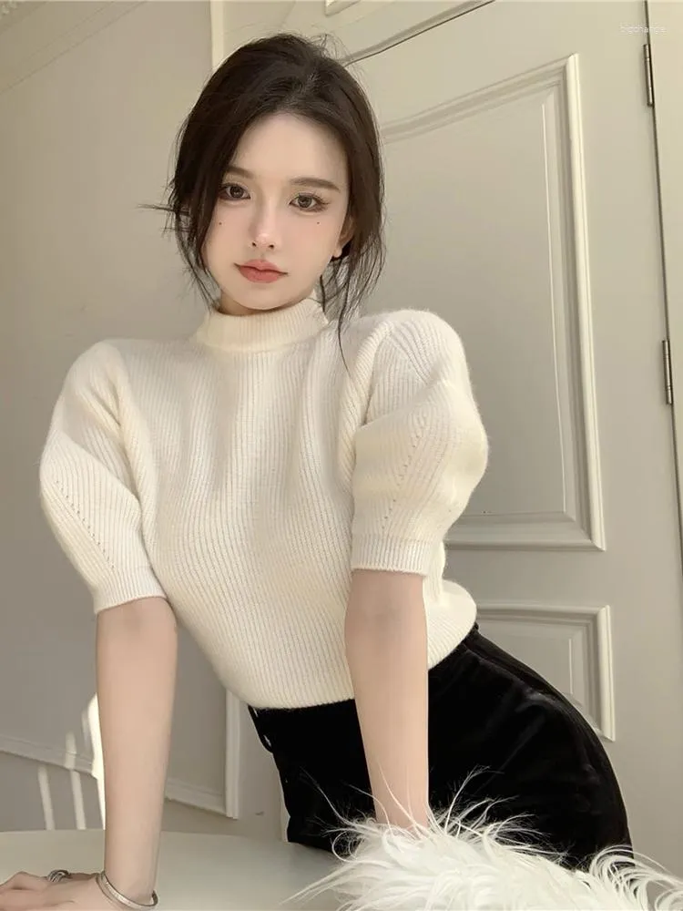 Kvinnors tröjor Fashion Puff Short Sleeve Turtleneck Pullover Top Chic 2023 Spring Solid Pullovers Korean Women Sticked