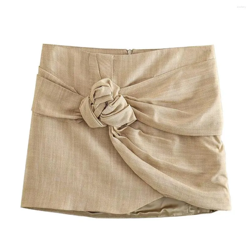 Skirts Knotted Mini Skirt Women Elegant Khaki Short Chic Lady Female Clothing 2023 Summer