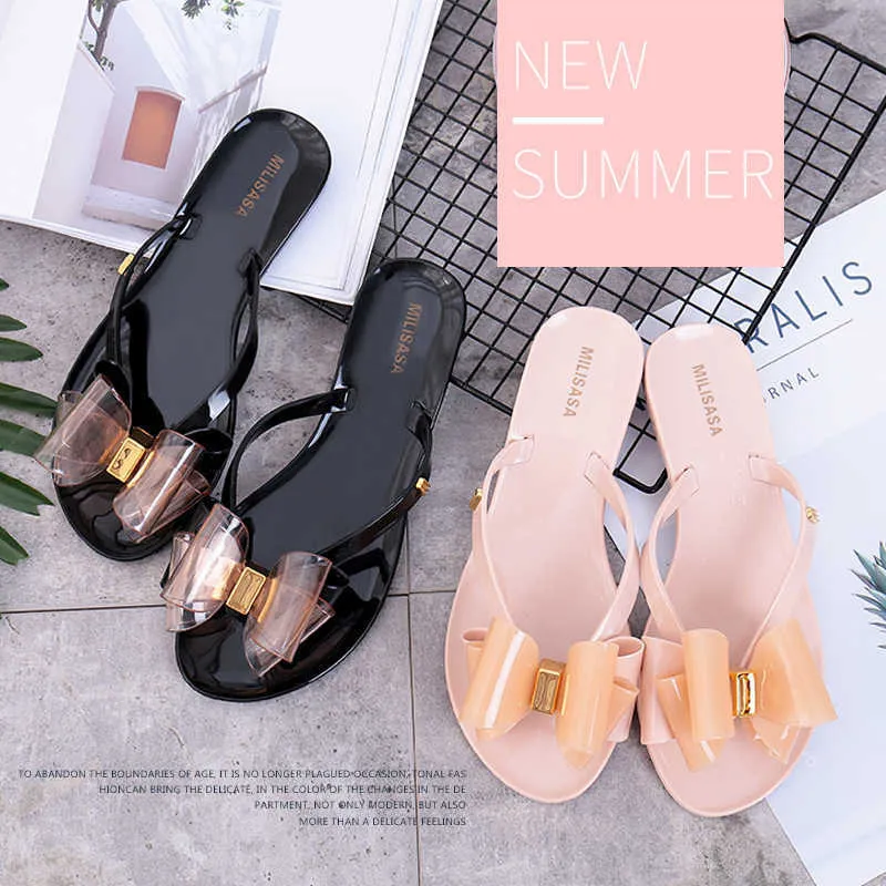 2023 summer female Korean version outdoor slipper bow flip-flops wear flat drag thick soled slippers X0523