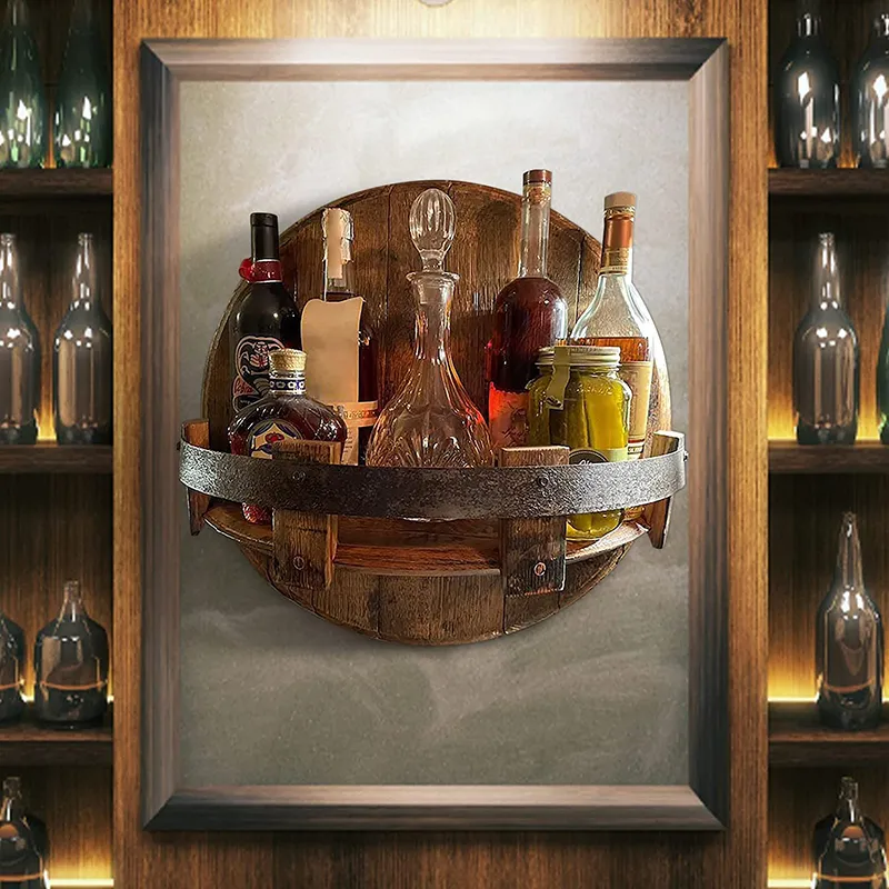 Tabletop Wine Racks Vintage Wooden Wall Mount Bottle Holder Stand For Whiskey Round Shelf Furniture Decoration Home Bar 230812