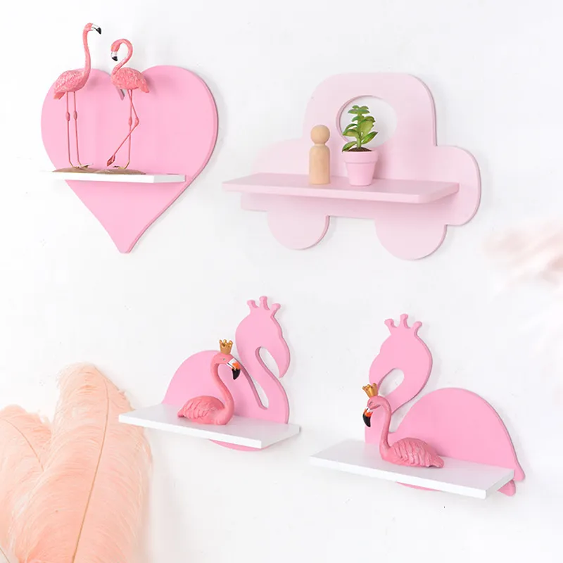 Decorative Objects Figurines Nordic Kids Room Wall Decoration Rack Cute Pink Crown Car Flamingo Wooden Shelf Ornaments Dispaly Nursery Children Home Decor 230812