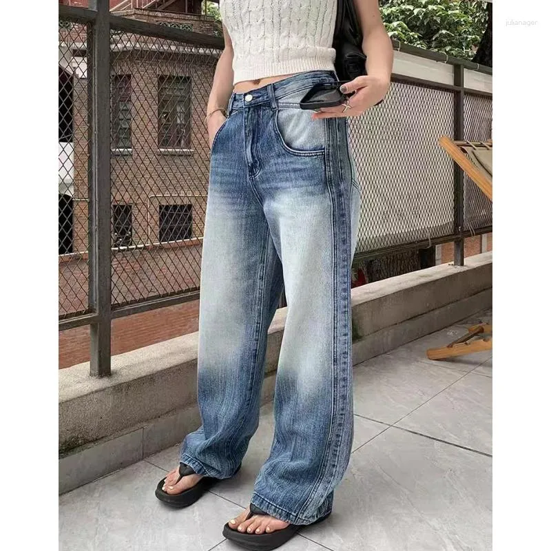 Frauen Jeans Blue Women High Tailled Baggy Hosen American Fashion Streetwear Denim Gradient Herbst Y2K Style Straight Wide Bein Hosen