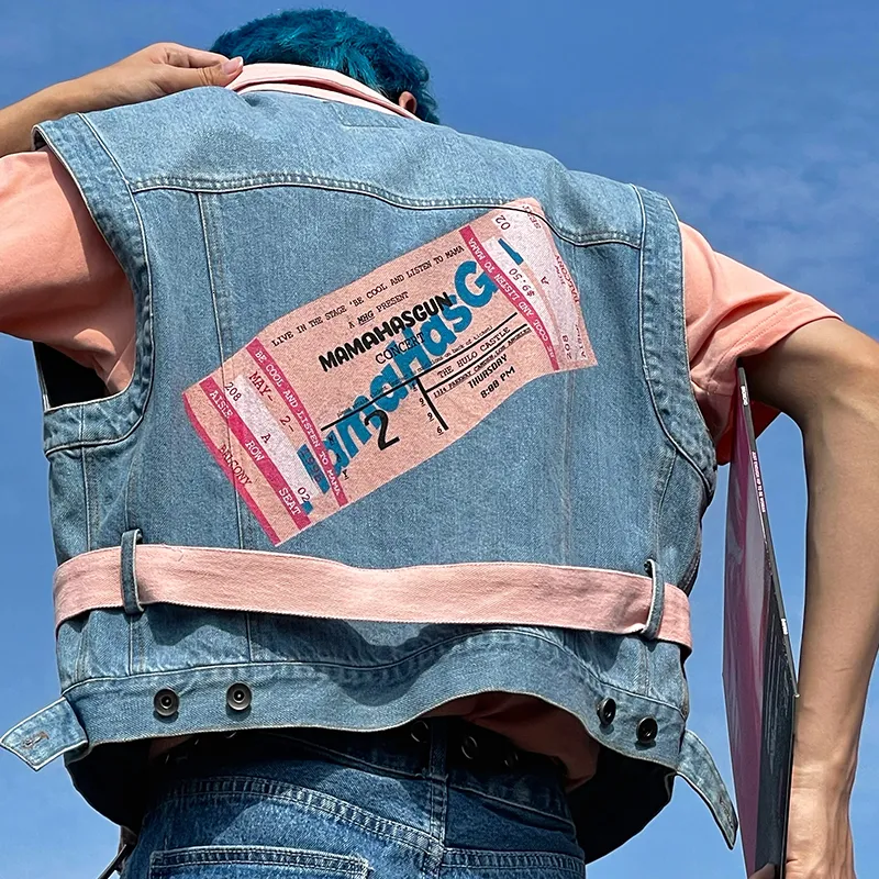 Herrjackor Urban Street Vintage Wash Cotton Denim "Ticket" Pink Print Against Color Horse Unisex Style MANA FEALES 230812