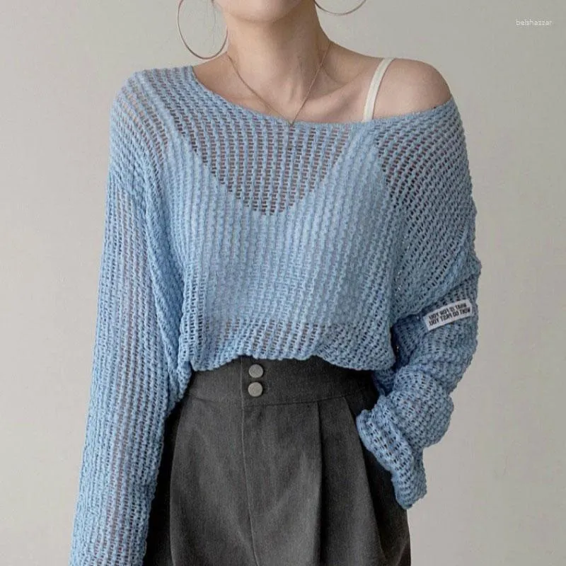 Women's Sweaters Korean Chic French One-Shoulder Labeling Design Sense Blue Thin Blouse Hollow Long-Sleeved Sweater Top Women