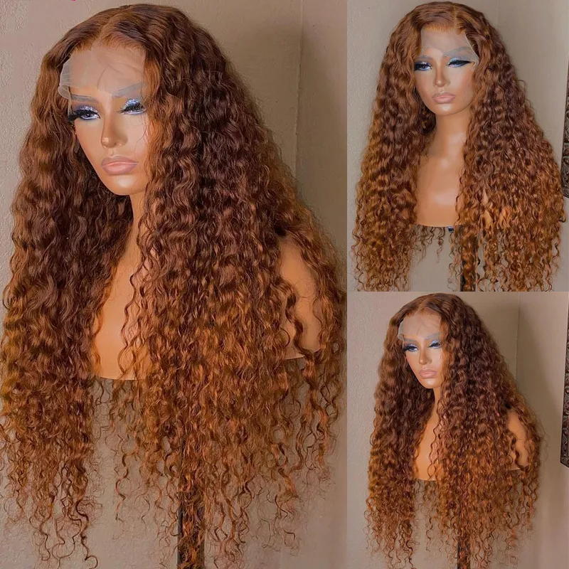 Förpluckad 26 "Long Ginger Brown Honey Blonde 180%Densitet Glueless Kinky Curly Spets Front Wig For Black Women Babyhair Daily