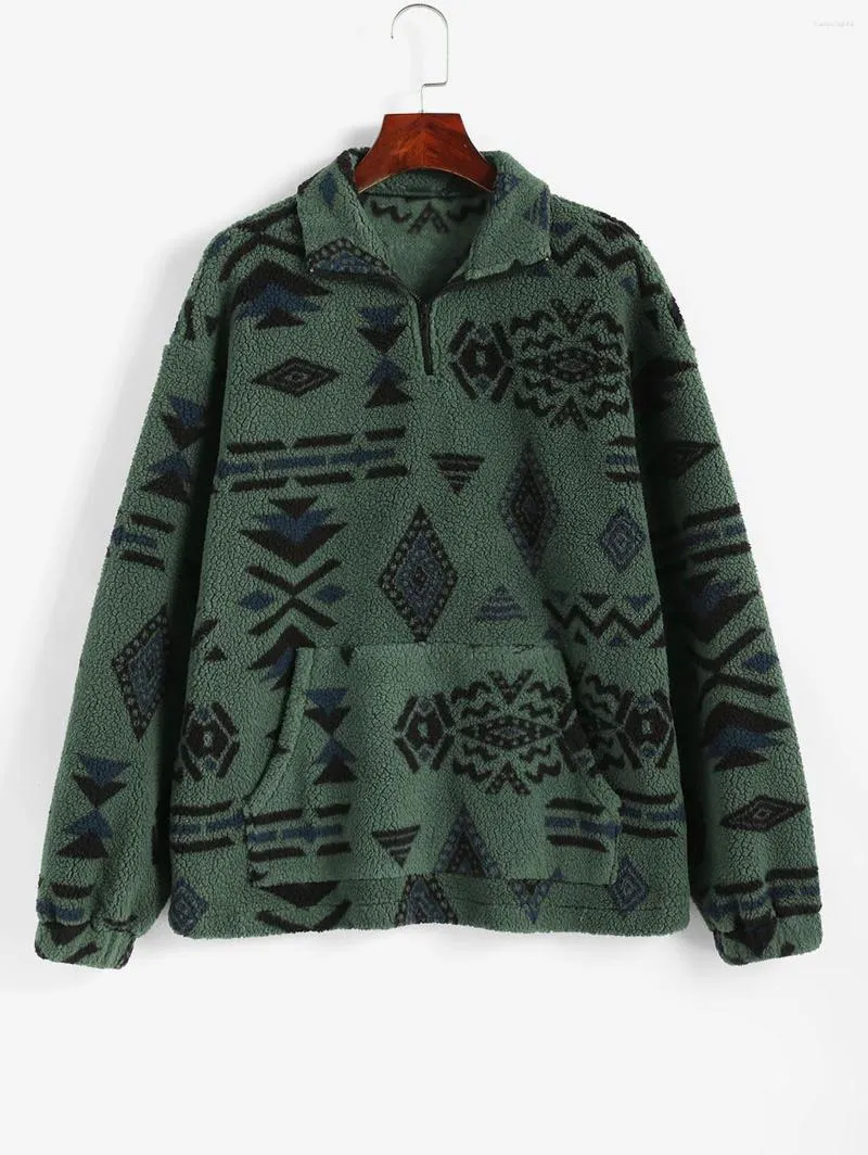 Womens Hoodies ZAFUL Front Pocket Fluffy Quarter Zip Ethnic Aztec