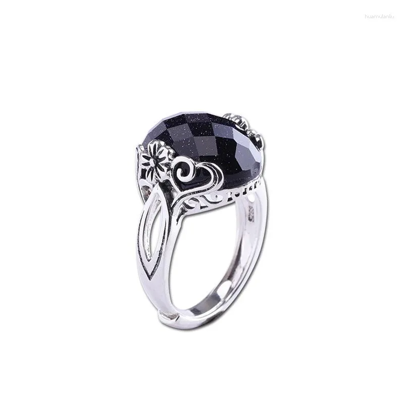 Cluster Rings National Standard 925 Silver Open Women's Flower Blue Sandstone Ring