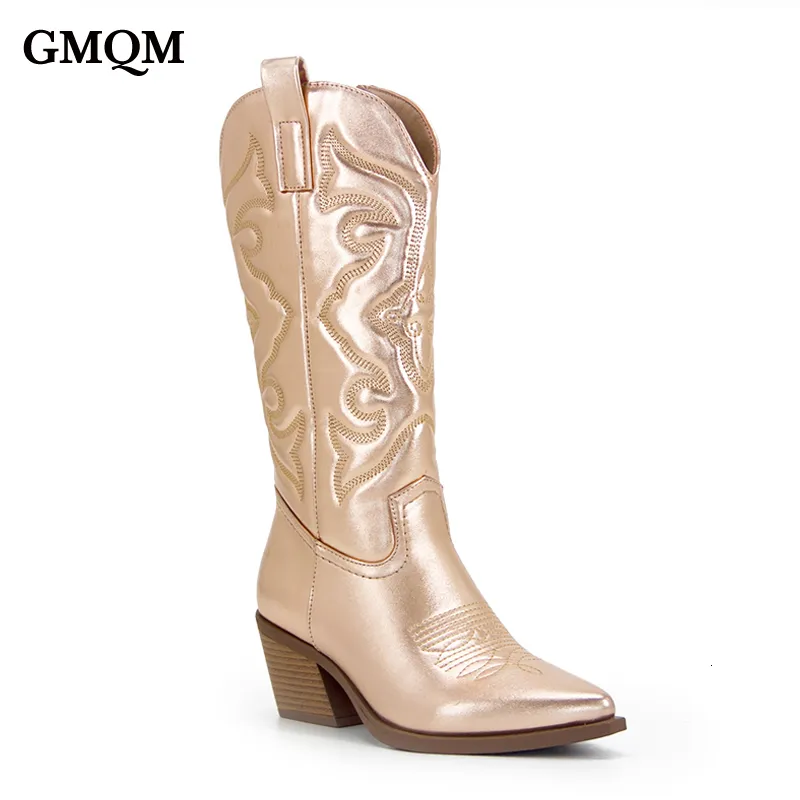 Buty GMQM marka moda Women Western Cowboy Boots Buty Mid Calf Dropship Lady Autumn Winter Metalic Sexy Pumps High Heels 230812