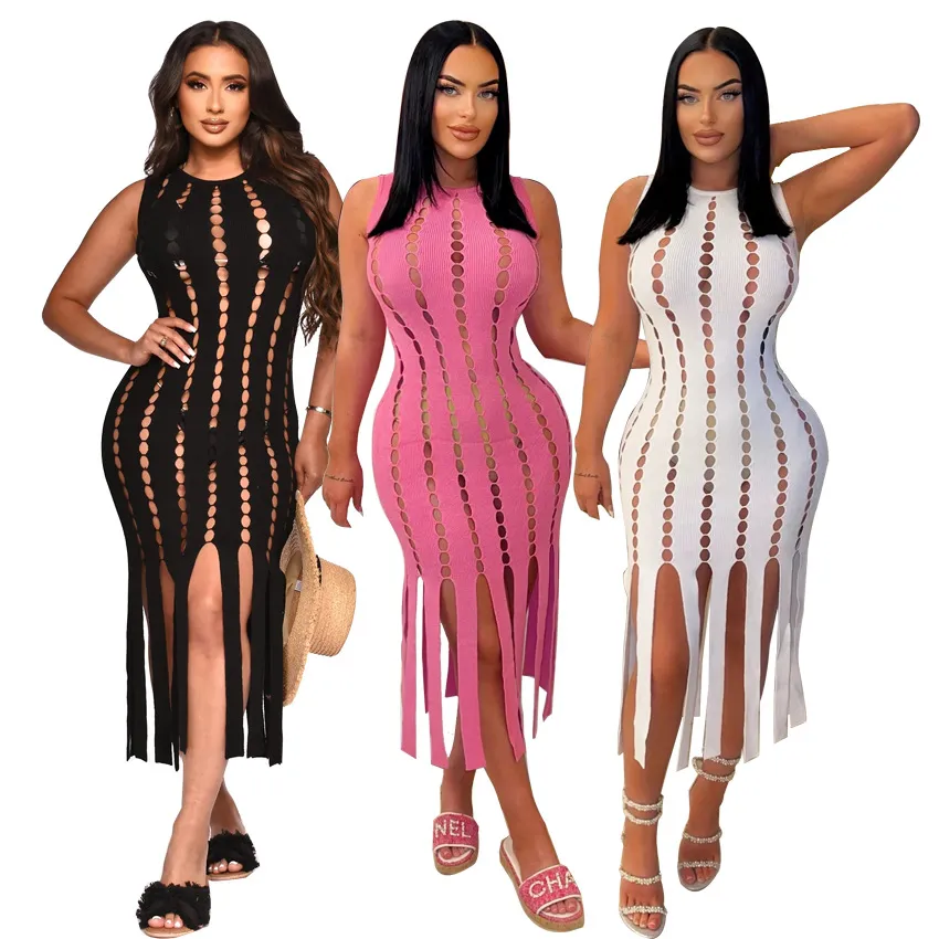 Sexy Hallow Out Hole Dresses Women Sleeveless Bodycon Tassel Dress Club Wear Free Ship