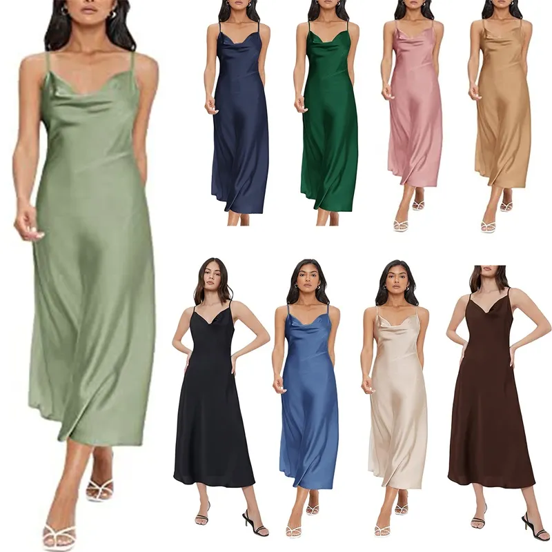 Women's Dress Skirt Spaghetti Strap Cowl Neck Long Slip Satin Silk Midi Dress Casual Slim Belt Skirt Sexy Suspender Skirt