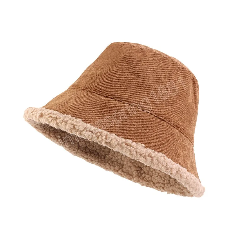 Odwracalny faux futra kubełka kobiet zimowa lambowola polarowa kapelusz corduroy wiadra kapelusz przeciwsłoneczny panama kapelusz ciepłe miękkie czapki