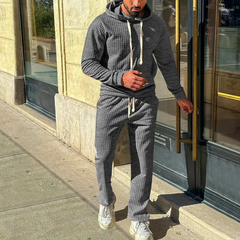 Men s Tracksuits Stlye Hoodie 2pcs Set Hollow Plaid Quilted Cotton Hoodies Fabric Pullover Hooded Hoody Sweatshirt Suit