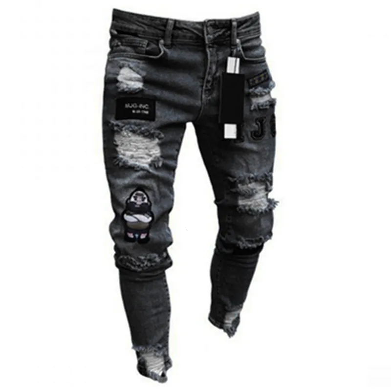 Mens Jeans män stretchig rippad mager cyklist broderi tecknad tryck förstört hål smal fit denim högkvalitativ hiphop svart 230812