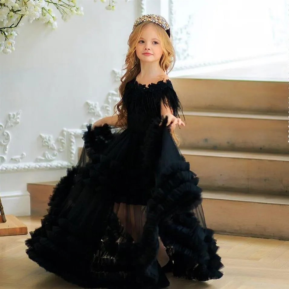 Spetsblommorflickaklänningar Tiered kjolar Tulle Appliced ​​A Line Little Girls Pageant Dress Beading First Communion Gowns2859