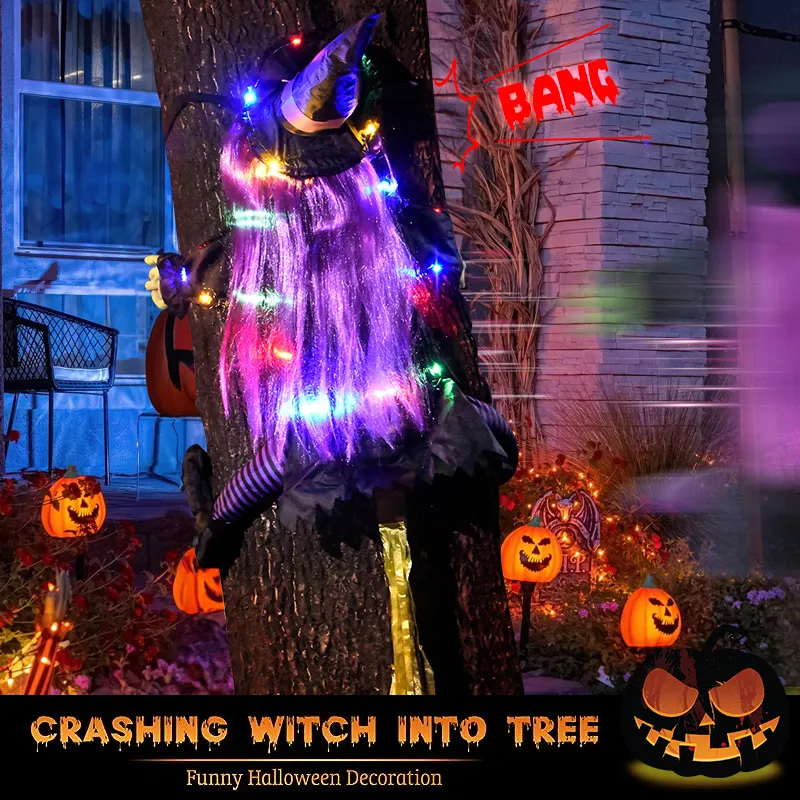 Inne imprezy imprezowe rozbijające wiedźmę na drzewo Halloween Dekoracja Led Luminous Witch Shlowing Witches Witch Doll Door Dree Tree Tree Rekwizyty Ściana 230812