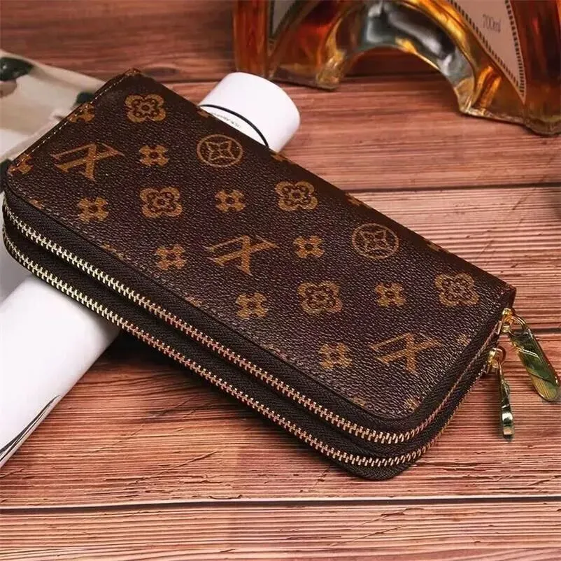 Högkvalitativa dubbla dragkedja plånböcker Herrläderplånbok för brunt blommor Kvinnor Purs Monogram Luxury Purs Cross Body Plånböcker