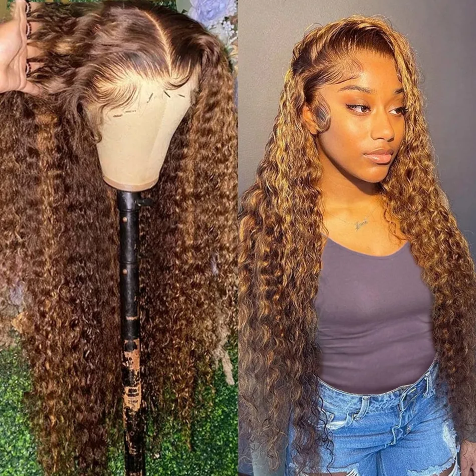 30 inch brown deep wave wig with highlights 30 Inch Ombre Honey Brown Curly Lace Front Wig Brazilian  main image 4