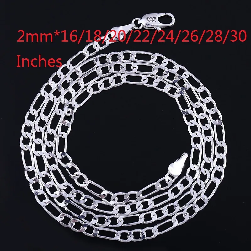 925 Sterling Silver 2mm Figaro Chain Necklaces 3:1 Flat Design Men Women Fashion Jewelry 16 18 20 22 24 26 28 30 Inches