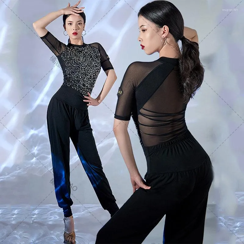 Stage Wear Ladies Latin Dance Tops Mesh Short Sleeves Sequin Leotard Ballroom Clothes Rumba Salsa Costume Performance Shirt
