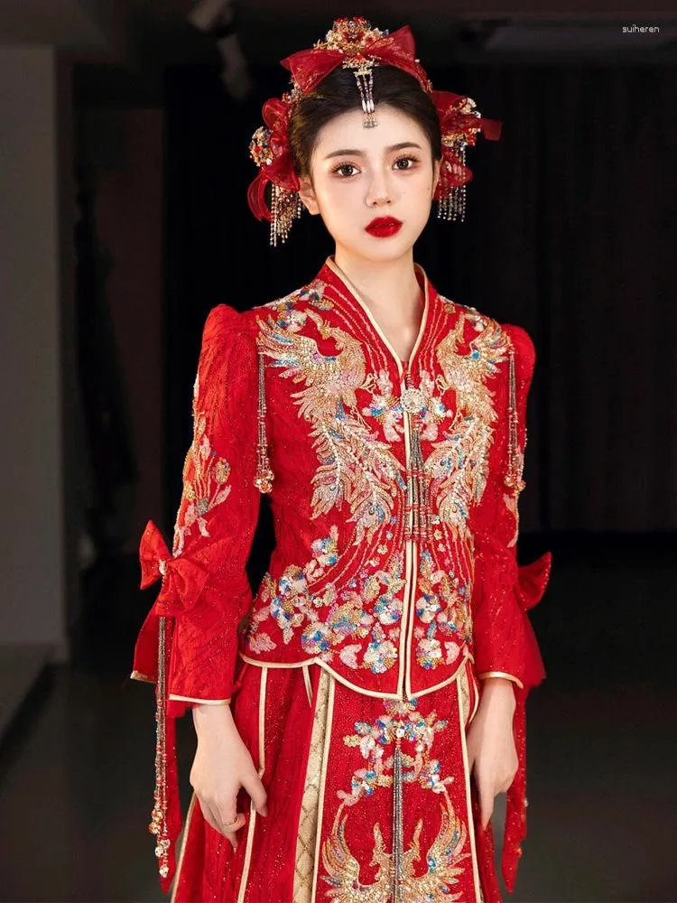 Etnische kleding Chinees Traditionele toast pailletten Beading Tassels Wedding Jurk Bride Borduurwerk Cheongsam Phoenix Qipao