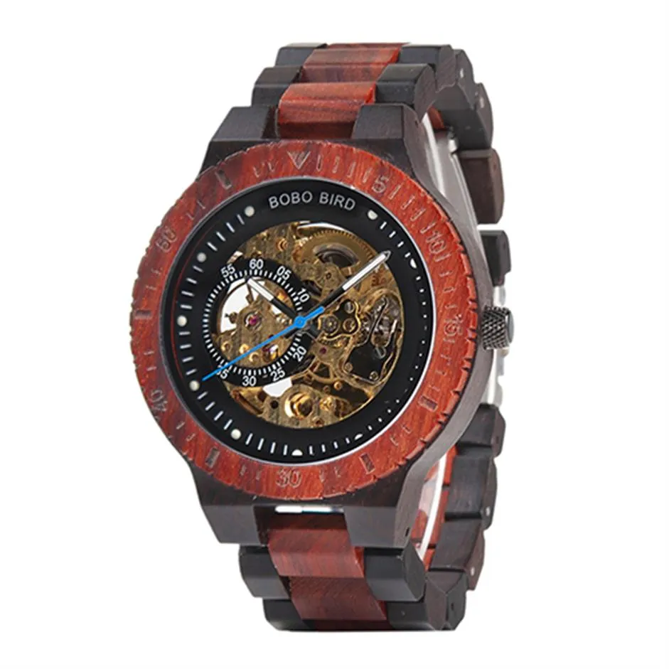 Houten mechanisch horloge mannen retro design case met gouden label naast automatische en multifunctionele polshorloge328s